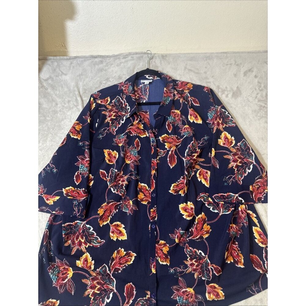 Catherines 3X Blouse Navy Multicolor Leaf Print Stretch Button Front 3/4 Sleeve - Picture 4 of 10